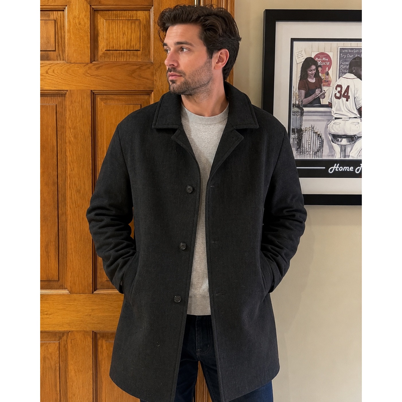 Banana Republic Mens Wool Blend Car Coat Charcoal Gray Button Front Topcoat Xl